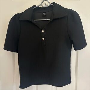 SHEIN Black Sophisticated Classy Black Button Pearl puff shirt with collar